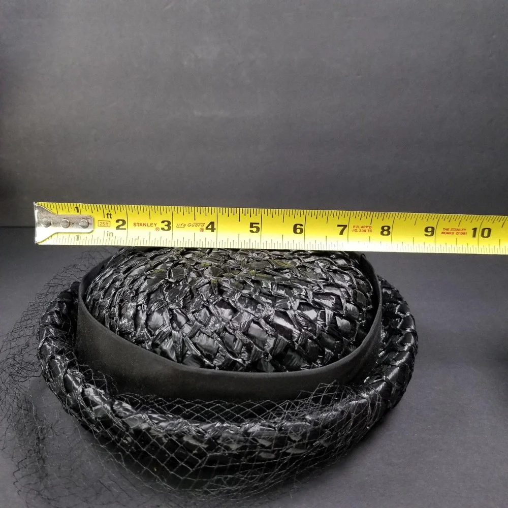Michelle Vintage Black Woven Pillbox Hat‎ with Birdcage Veil Kentucky Derby